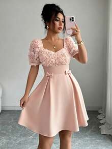 Elenzga Đầm nữ màu trơn cổ tim tay ngắn với nơ hoa 3D trang trí. - Hồng - Xem 7