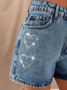 SHEIN Women's High Waist Washed Rhinestone Embroidered Casual Jeans - Medium Wash - View 4
