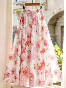 SHEIN Franclia 碎花高腰A字裙，白色底，粉色扎染花朵，轻盈飘逸，浪漫优雅，适合春夏外出或约会。 - 彩色 - 查看 2