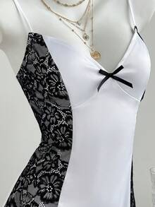 Elamini 女士V领A字吊带连衣裙，性感休闲家居服 - 黑與白 - 查看 4