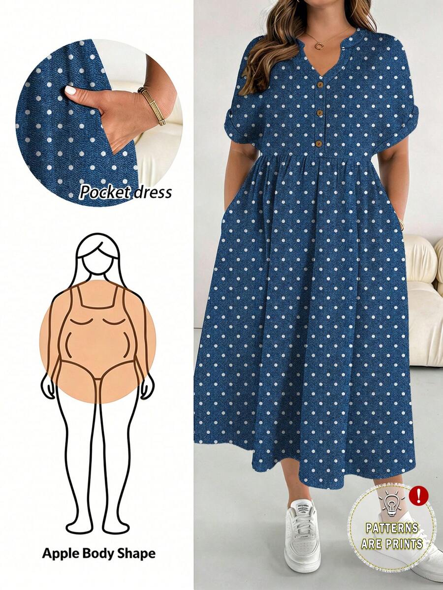 SHEIN Essnce 大码波点花卉印花口袋短袖连衣裙 - 彩色 - 查看 1