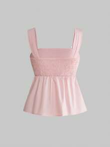 Sweetness Sweet Romantic Casual Pink French Cap Sleeve Bow Collar Ruffle Hem Ladies Tank Top - Pink - View 2