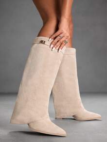 CUCCOO SZL Women's Pointed Toe Chunky Heel Suede Western Boots, Slim Fit Tall Boots For Christmas Spring Shoes - Apricot - View 7
