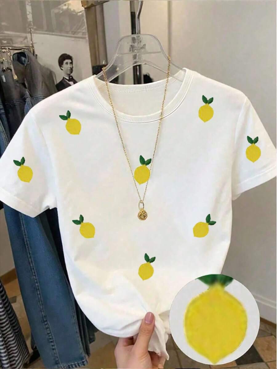 少女柠檬印花短袖T恤,休闲舒适,适合春夏穿着,百搭夏季单品,可用于户外活动、野餐、街头摄影、居家、上学、节日庆典、送礼、日常穿着。 - 白色 - 查看 1
