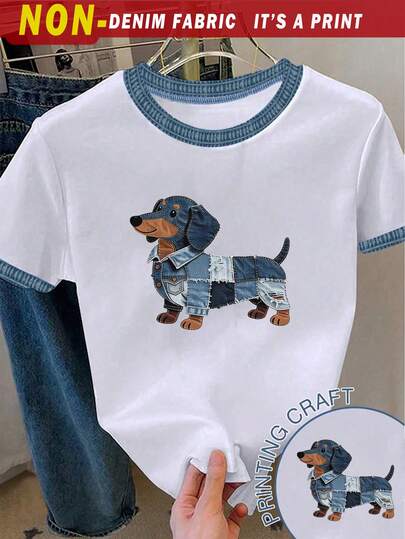 Áo thun nữ kiểu dáng thường ngày, in hình chó Dachshund dễ thương và chất liệu denim, cổ áo phối màu tương phản, tay ngắn, đa năng để mặc hàng ngày.