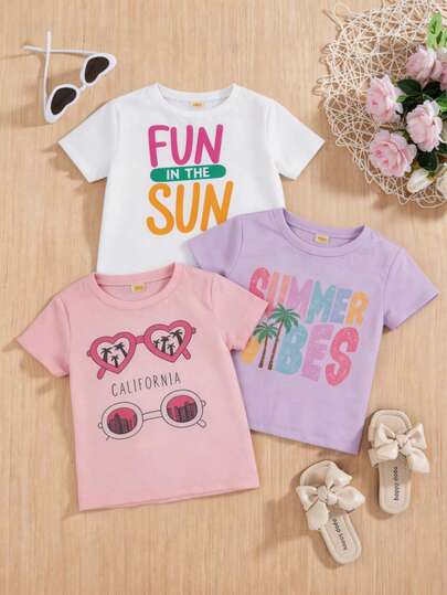 Conjunto de 3 playeras para niña de manga corta, informal de punto suave con diseño de Verano