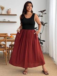 Enliva Plus-Size Women Casual Color-Blocked Dress With Pocket, For Apple And Rounded Body Shape Beach Formal Black Summer - Multicolor - View 5