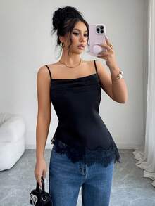 Rafferiza Áo hai dây mùa hè màu đen bằng vải chiffon, cổ xếp ly, dây mảnh, phối ren, gấu áo không đều, ôm sát, gợi cảm, thích hợp cho các buổi hẹn hò hoặc tiệc tùng. - màu đen - Xem 6