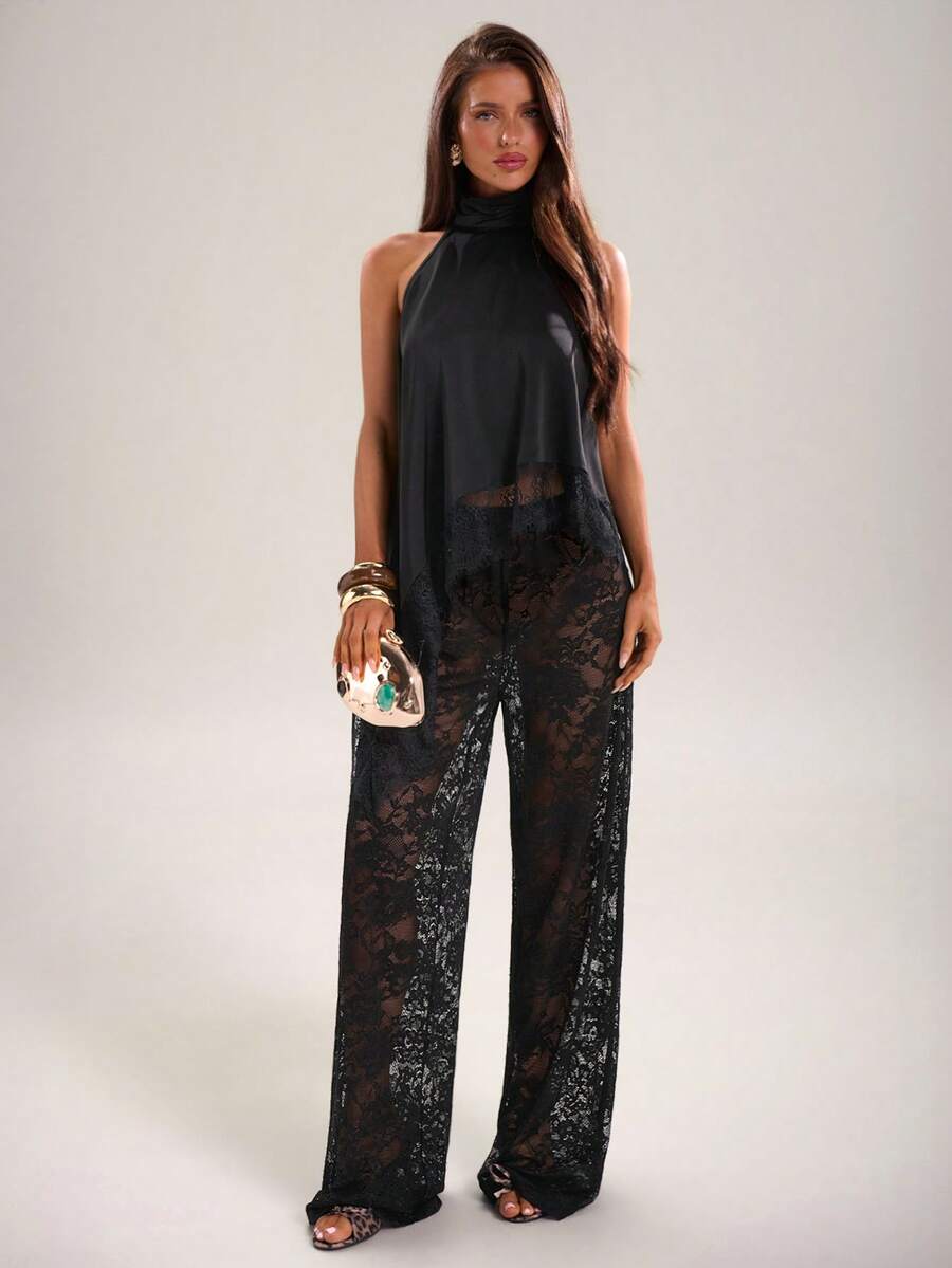 SHEIN BAE Bộ đồ gồm áo và quần không tay cổ cao màu trơn, phối ren, thời trang. - màu đen - Xem 1