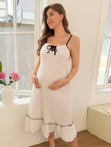 Moonlight&Mama BloomMama 休闲时尚米色泡泡褶皱无袖黑色波浪边撞色装饰哺乳孕妇连衣裙家居服 - 杏色 - 查看 5