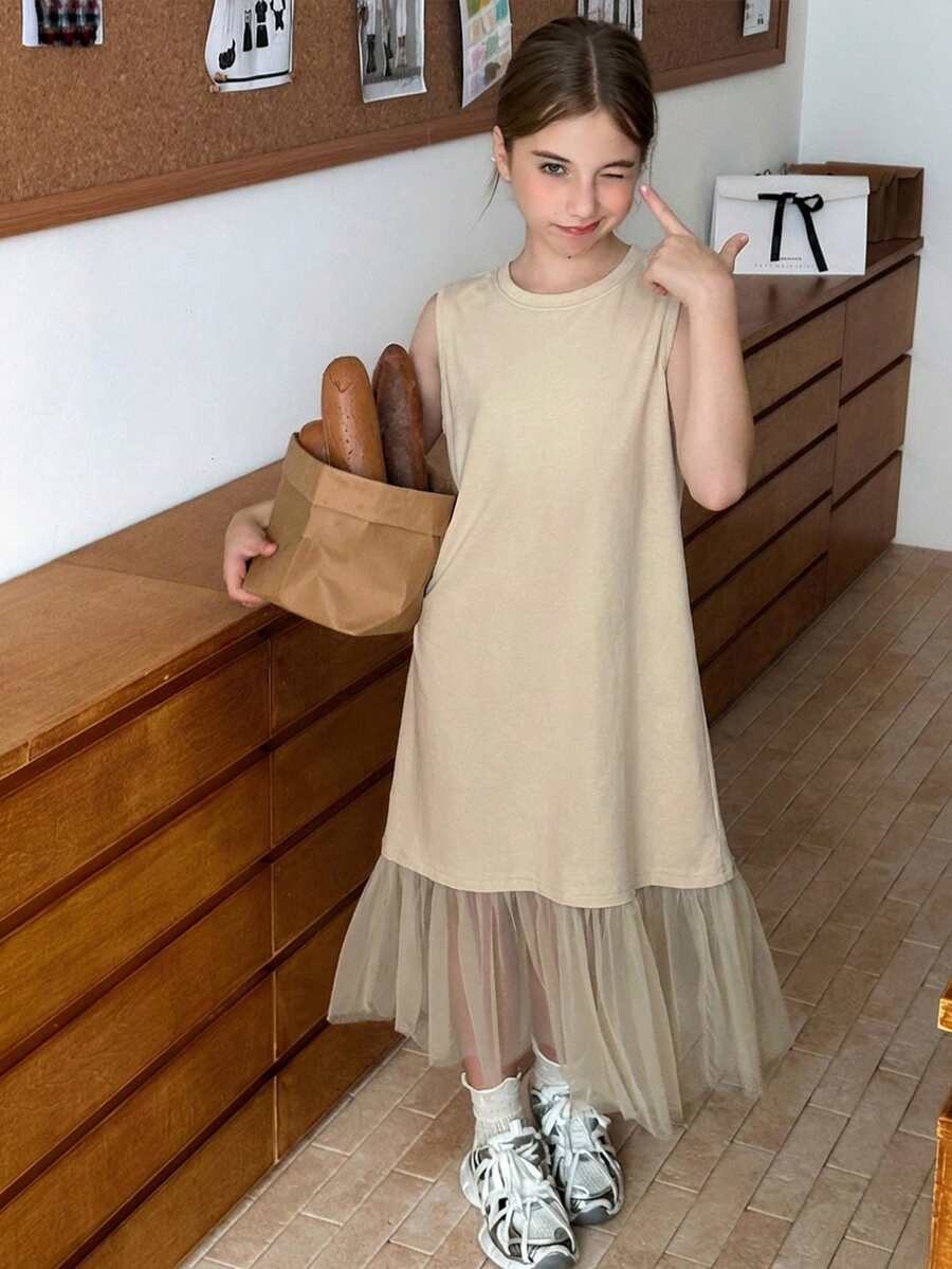 Hapijoa Tween Girls Round Neck Knit Contrast Mesh Dress, Summer - Apricot - View 1