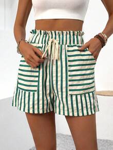 SHEIN LUNE 女士条纹休闲短裤，夏季时尚 - 綠色 - 查看 3