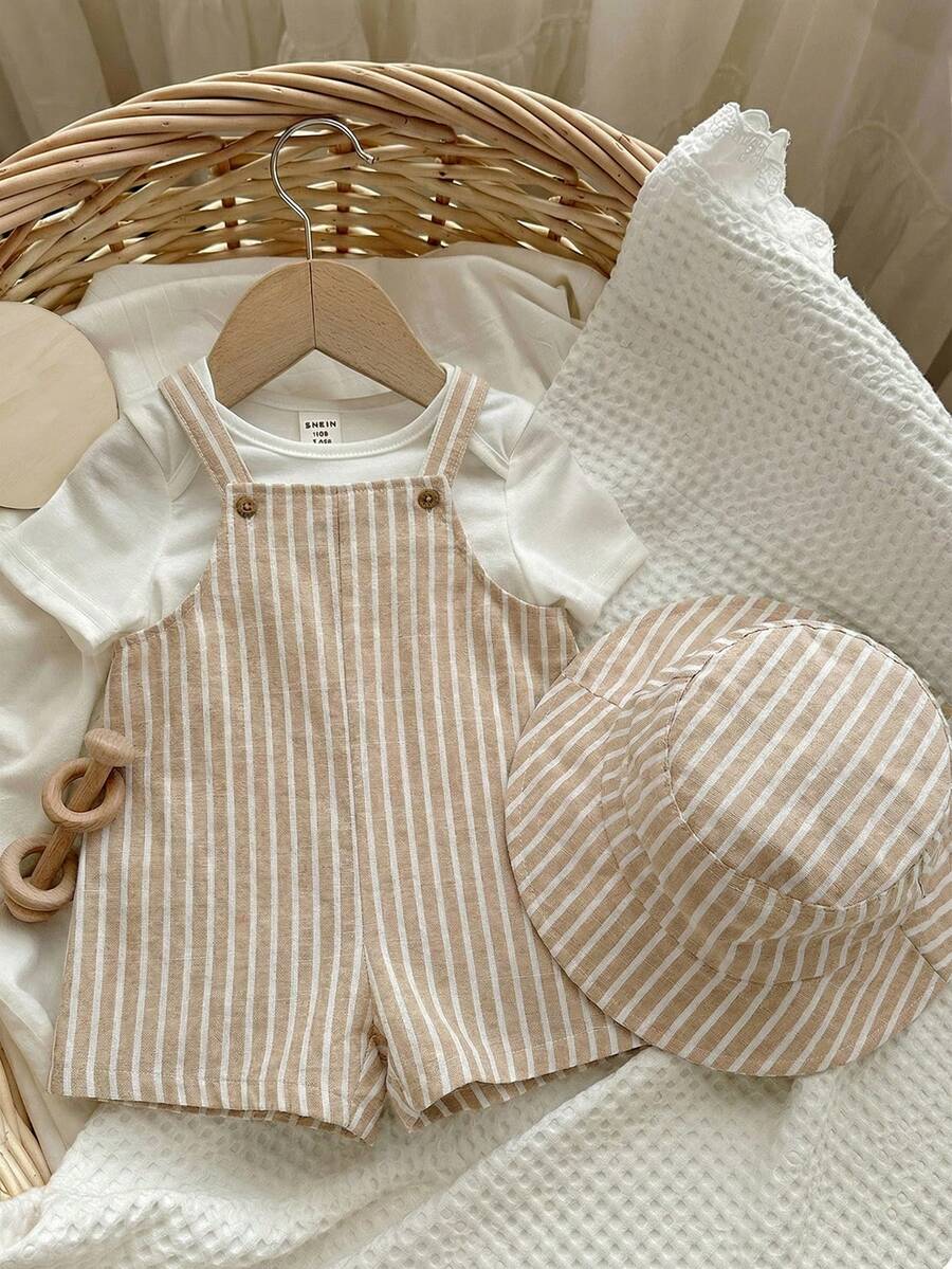 SHEIN Bộ quần yếm và mũ tai bèo kẻ sọc mùa hè cho bé trai/bé gái, trang phục thường ngày thoải mái ở nhà, đi chơi, đi biển. - Nhiều màu - Xem 1