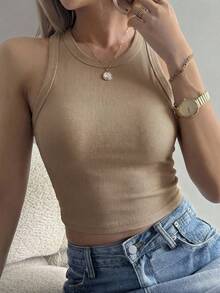 DAZY Áo tank top dệt kim gân sọc thường ngày dành cho nữ tuổi teen - Màu Khaki - Xem 2