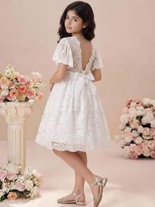 Pitira Kids Tween Girls Elegant White Lace Dress, Summer Wedding Flowergirl Dress, Ruffle Sleeve Backless Cinched Waist Rhinestone Fit And Flare Princess Gown, Formal - White - View 3