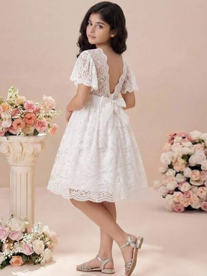Pitira Vestido de niña preadolescente elegante con mangas de volantes de encaje blanco, espalda descubierta, cinturón con strass en la cintura, ajustado y acampanado, estilo princesa, vestido blanco, adecuado para primavera, verano, otoño e invierno, estilo elegante y retro, apropiado para la vuelta al colegio, ocasiones formales, fiestas, cumpleaños, uso diario, vacaciones, reuniones familiares y ocasiones especiales, hermanas, elegante para fiesta, cita, ir al trabajo, adecuado para boda, fiesta de cumpleaños, baile de graduación, dama de honor, vestido de gala formal, ceremonia de graduación, gala, Año Nuevo chino