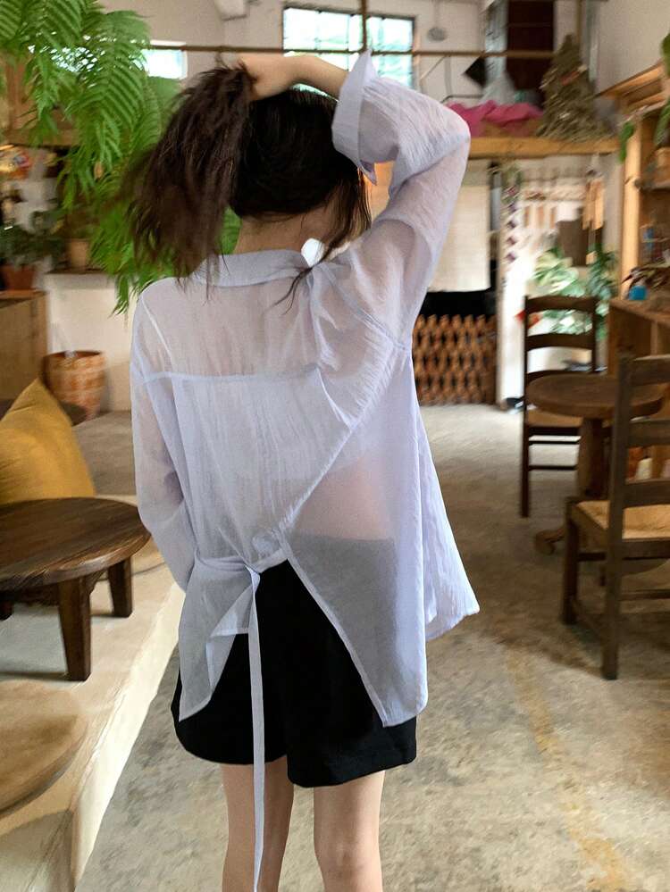 Women's Loose Asymmetrical Hem Split Casual Long Sleeve Vacation Blouse, Solid Color