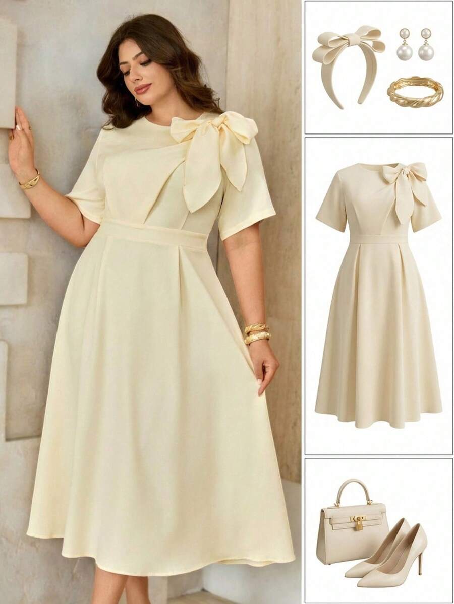 Roveilla Robe élégante femme à col rond, double couche, avec nœud décoratif à la taille, coupe évasée. Convient pour le travail, les sorties décontractées, les vacances, le thé de l'après-midi, les occasions romantiques. Manches courtes, couleur abricot, longueur maxi - Nude - Voir 1
