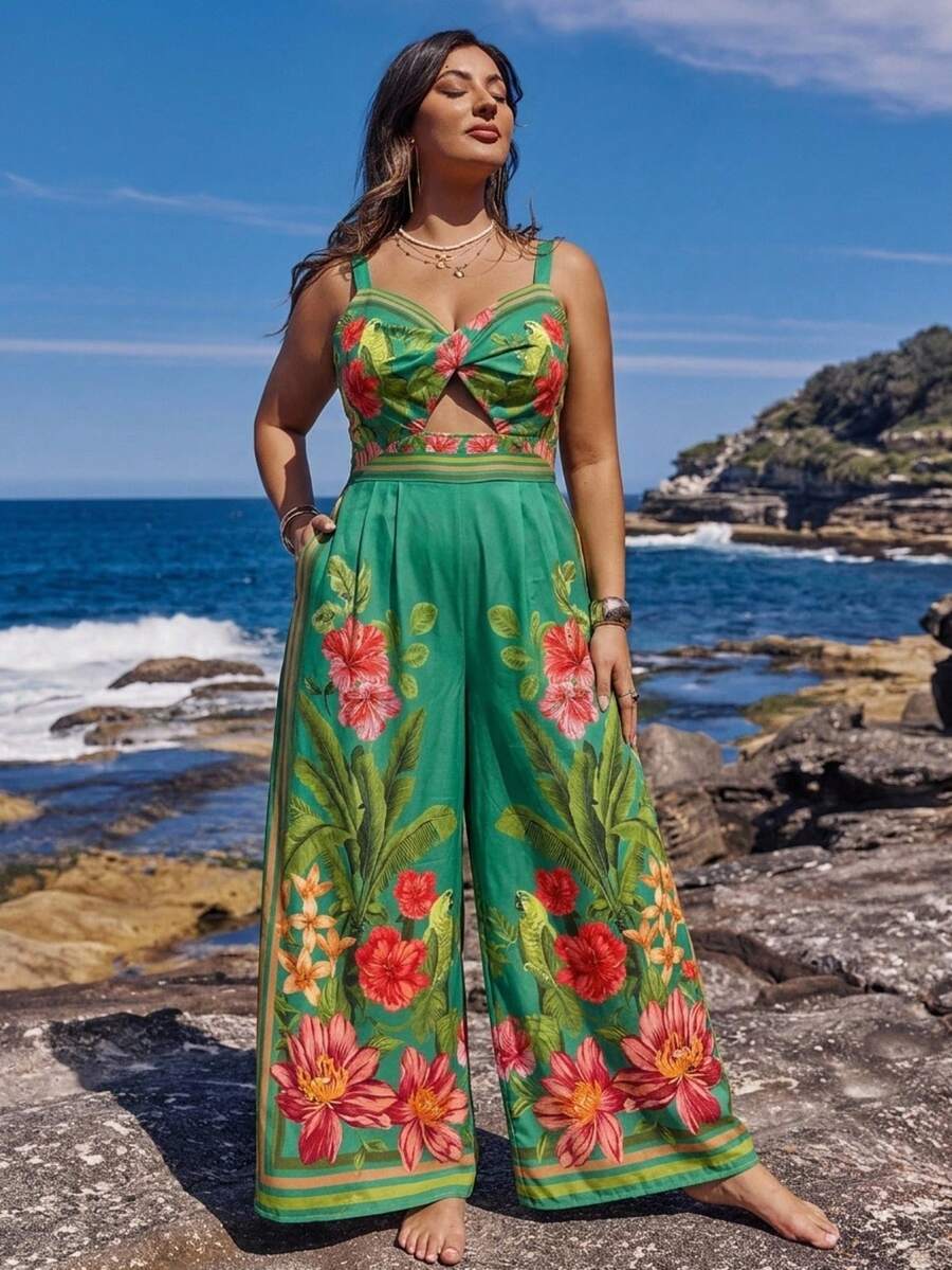 Travachic 女款無袖綠色熱帶植物印花寬腿褲,鏤空優雅波西米亞風夏季連身褲,適合度假、假日海灘郵輪穿搭 - 綠色 - 查看 1