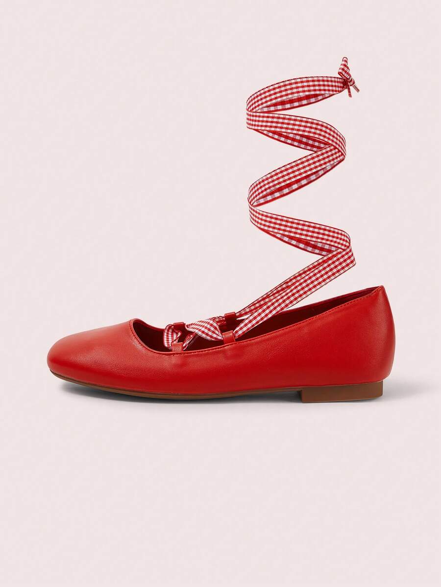 CUCCOO DOLLMOD 方头格子红色绑带玛丽珍鞋 女士及女孩休闲芭蕾舞鞋 百搭新款春季低帮平底鞋 - 紅色 - 查看 1