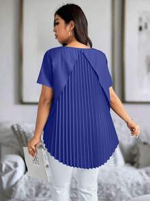 Elenzga Plus Size Women's Solid Color Round Neck Short Sleeve Casual Shirt With Back Pleated Design - Royal Blue - View 5