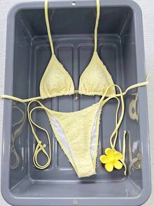 Swim Vcay Bộ bikini Bonvoyette-D màu vàng hè, chất liệu vải jacquard, kiểu dáng tam giác, dây rút, lưng hở, buộc bên hông, mặt dây chuyền hình sao biển kim loại, gợi cảm, thời trang dành cho nữ. - Màu vàng - Xem 2