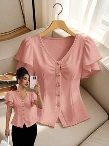 GlowEve Blusa elegante de unicolor albaricoque con cuello en V, diseño de cintura recogida y línea A, adecuada para ocasiones formales, reuniones, trabajo, escuela, viajes, festivales, primavera/verano - Rosa - Ver 7