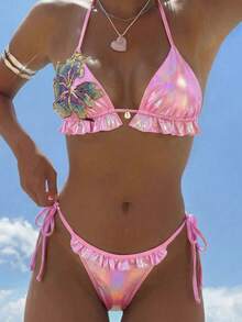 SHEIN Swim 女士花卉亮片荷叶边挂脖比基尼套装，夏季海滩度假 - 粉色 - 查看 3