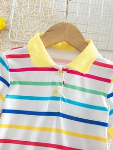 SHEIN Young Girl White Summer Rainbow Striped Polo Collar Knit Dress,Matching Princess 7th Birthday Outfit,Family Vacation Pride Month Casual Beach Wear - Multicolor - View 7