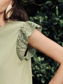 Lumivelle Women's Spring/Summer Sage Green Pure Cotton Round Neck T-Shirt Crocheted Floral Lace Patchwork, Casual Elegant Commuting Tee Vacation - Green - View 2