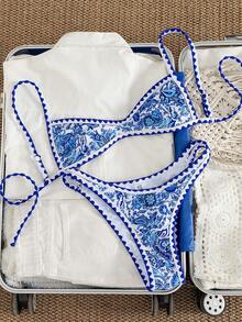 Swim Vcay Women's White And Blue Floral Bikini Sets,2 Pieces Summer Boho Swimwear With Hollow-Out Side Pants,Holiday Pool Party Retro Beach Outfits - Multicolor - View 6