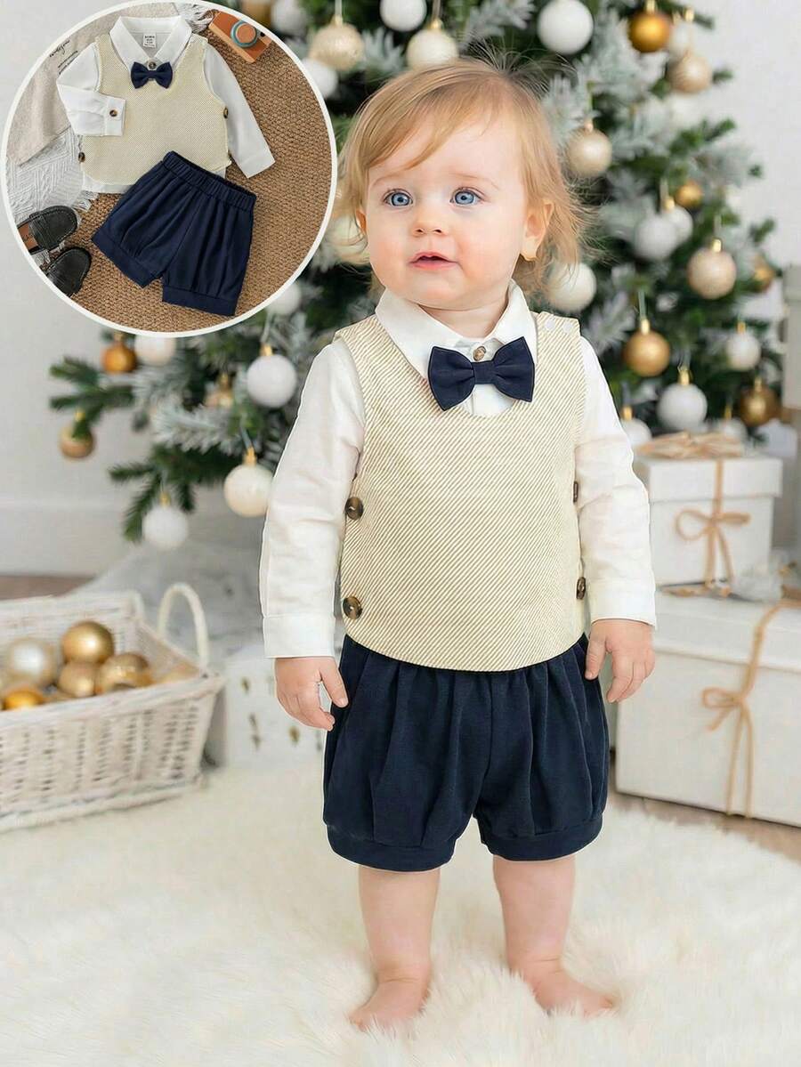 SHEIN 男婴三件套:纯色长袖衬衫、条纹背心和纯色抽绳短裤,高贵优雅,适合派对、春秋季穿着。 - 寶藍色 - 查看 1