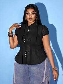 Maweii Áo sơ mi tay ngắn xếp ly, mỏng nhẹ, xuyên thấu, cài cúc, thắt eo, gợi cảm. - màu đen - Xem 4