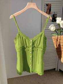 SHEIN Tall CURVE 大码女式蕾丝边休闲百搭日常吊带背心 - 橄欖綠 - 查看 3