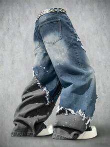 Manfinity Denimwave Unisex American Style Distressed Frayed Edge Tape Decor Wide Leg Jeans - Blue - View 2