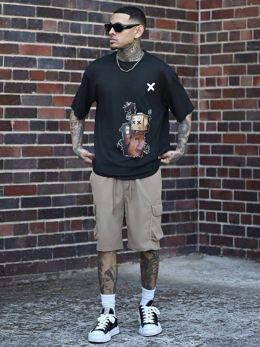 Devon Thys 男士夏季宽松翻盖口袋侧边工装短裤 - 卡其色 - 查看 1