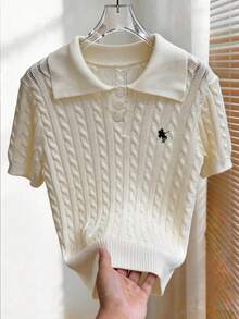 Selianne Áo nữ tay ngắn cổ polo thêu họa tiết, kiểu dáng thanh lịch, chất liệu dệt kim, thích hợp cho mùa xuân/hè. Hàng mới về. - Hồng - Xem 4