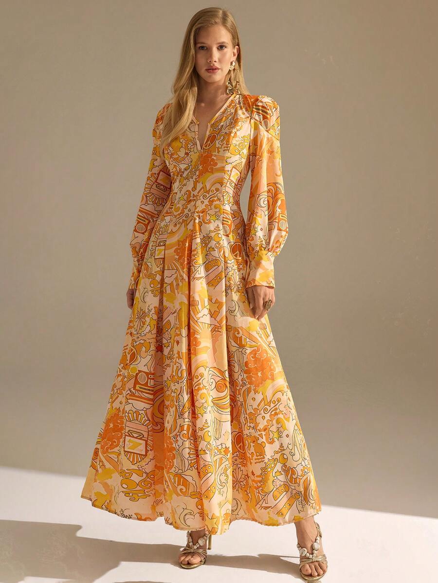 CLARA VERO Đầm maxi tay phồng họa tiết trừu tượng phong cách Boho, dáng rộng tạo nên vẻ ngoài thướt tha, hoàn hảo cho kỳ nghỉ biển, tiệc vườn hoặc các sự kiện mùa hè. Được làm từ chất liệu polyester 100% màu cam nhẹ, không co giãn, mang lại sự thoải mái thoáng khí và vẻ thanh lịch tự nhiên. - Nhiều màu - Xem 1