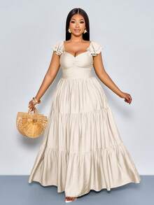 SOLERSUN Women's Plus Size Beige Summer Elegant Tea Party Wedding Guest Holiday Boho V-Neck Pleated A-Line Maxi Dress, Beach Vacation Hawaii Swing - Apricot - View 1