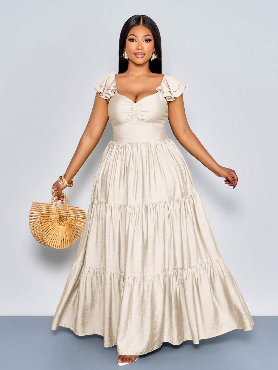 SOLERSUN Women's Plus Size Beige Summer Elegant Tea Party Wedding Guest Holiday Boho V-Neck Pleated A-Line Maxi Dress, Beach Vacation Hawaii Swing - Apricot - View 1