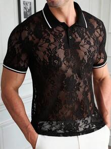 Manfinity AFTRDRK Men's Short Sleeve Textured Fabric Polo Shirt, Suitable For Outings, Gatherings, And Parties - Black - View 6