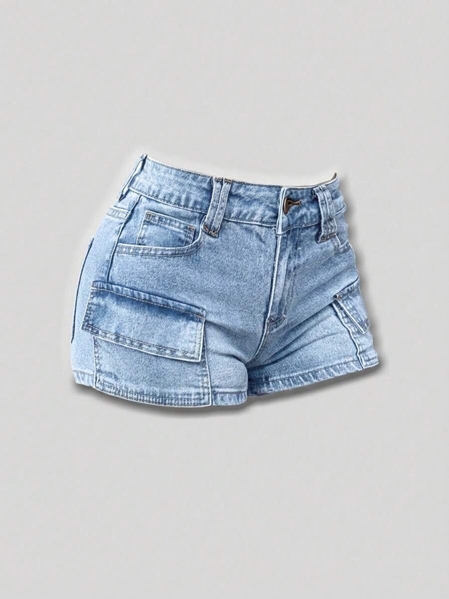 SHEIN PETITE Women's Sexy Tight Low Waist Super Short Denim Shorts, Blue Jorts