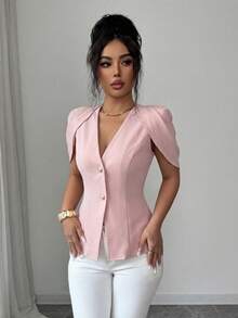 SHEIN Elenzya Áo blazer nữ thanh lịch, lãng mạn, dáng ôm sát, cổ chữ V, xếp ly và thắt eo. - Bụi hồng - Xem 4