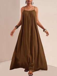 Slaydiva Gaun Maxi Kasual Ukuran Besar Warna Polos, Gaun Santai, Gaun Musim Panas untuk Wanita - Coklat - View 8