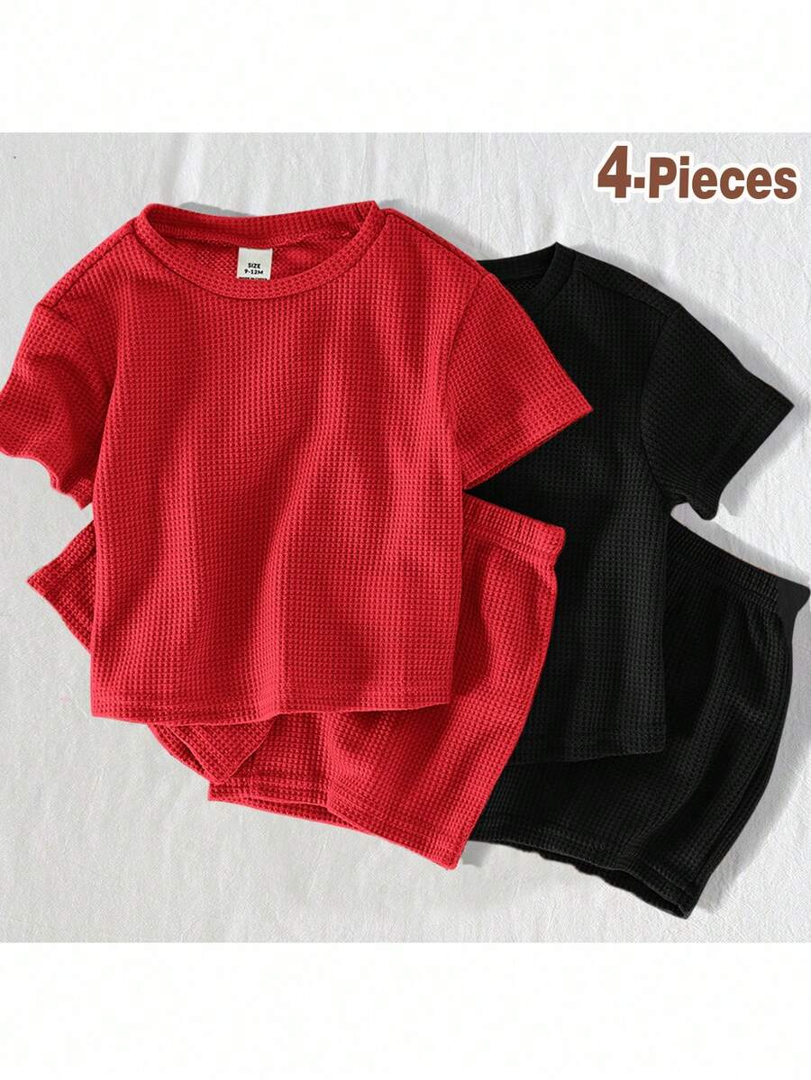 Loomiva Conjunto de 4 piezas de sudadera de cuello redondo y pantalones cortos casuales de unicolor para bebé unisex - Multicolor - Ver 1