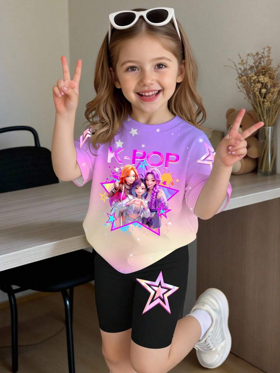 Young Girls Cartoon Girl Group Pattern Digital Print Light Pink T-Shirt And Shorts Set,Cute Summer Clothes For Kids,Fashionable School Ootd,Purple - Multicolor - View 1