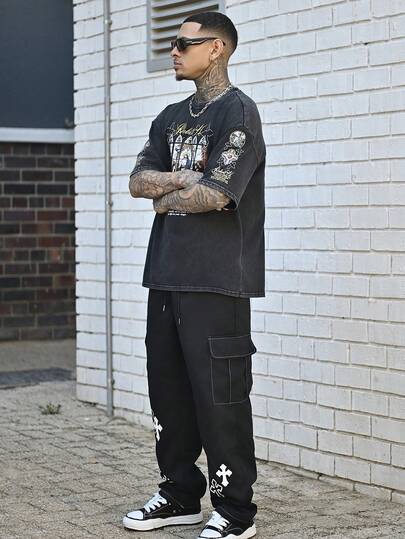 Devon Thys 1 件多口袋男士工装裤，宽松交叉印花，适合海滩、休闲、健身、户外运动、所有季节、直筒裤、时尚街头风格、男友/丈夫礼物、特殊场合、秋季