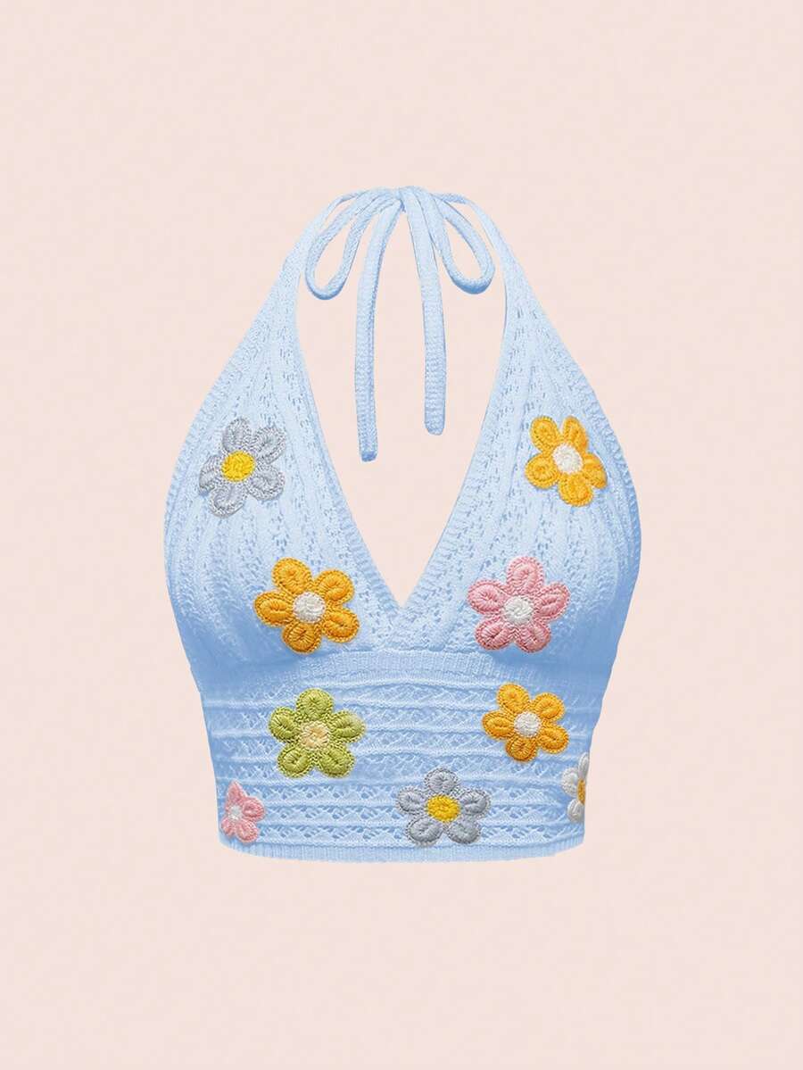 ROMWE Camisola plus size feminina com decoração floral 3D e alças finas - Azul - Ver 1