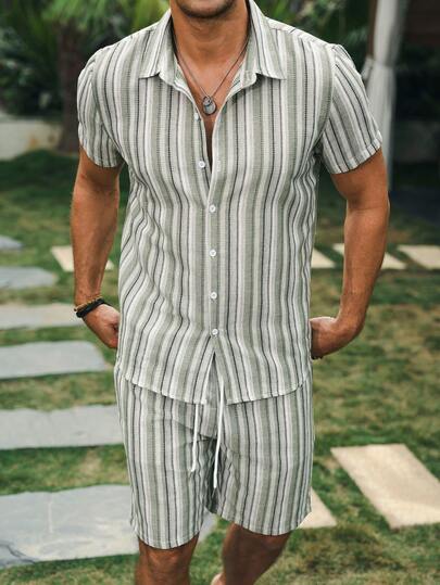 VENTUSAIL Men's Short Sleeve Front Button Casual Striped Versatile Fashion Shirt Set,Men Old Money,Daily Leisure, Weekend Trips, Outdoor Activities, Travel Expeditions, Relaxed Work Environments Or Semi-Formal Occasions, Boyfriend/Husband Gift, Anniversary /Birthday Gift Party Summer Vacation Holiday,Wedding,Spring To Summer,Easter,Y2k,Vintage,Men Striped Short Sleeve Shirt And Drawstring Shorts Set Casual Summer Beach Wear Outfit,Men's Casual Shorts Shirt,Men's Short-Sleeved Shirt,Men's Suit,Striped Short Sleeve