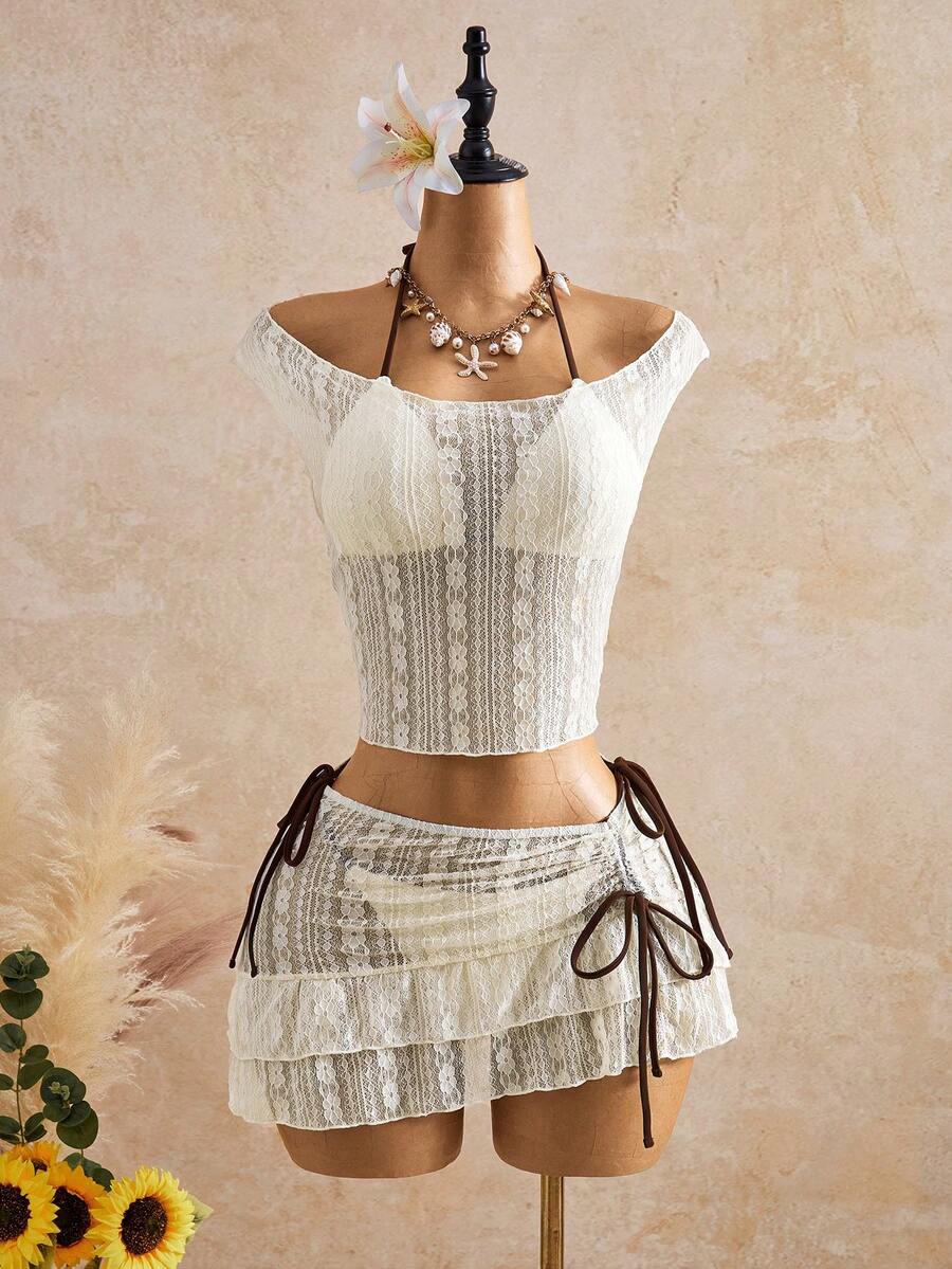 Bellisia Bộ đồ bơi 4 món màu mơ, chất liệu vải jacquard họa tiết Y2K dễ thương và ngọt ngào, thích hợp cho kỳ nghỉ và đi biển, mùa xuân hè 2026. - Nhiều màu - Xem 1